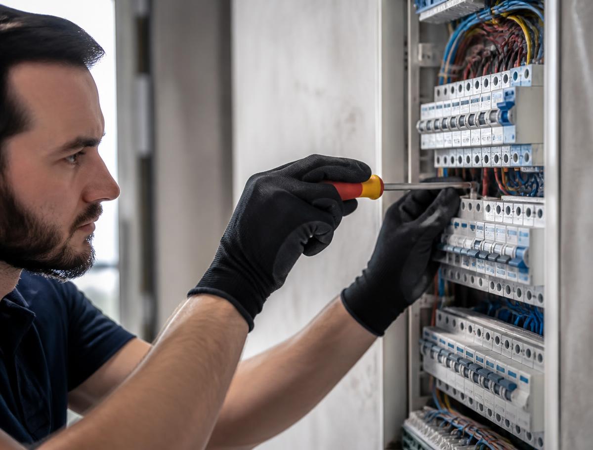 Elektrikas montuoja elektros skydą